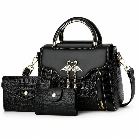 Crocodile Embossed Leather Handbag Set - Vexo