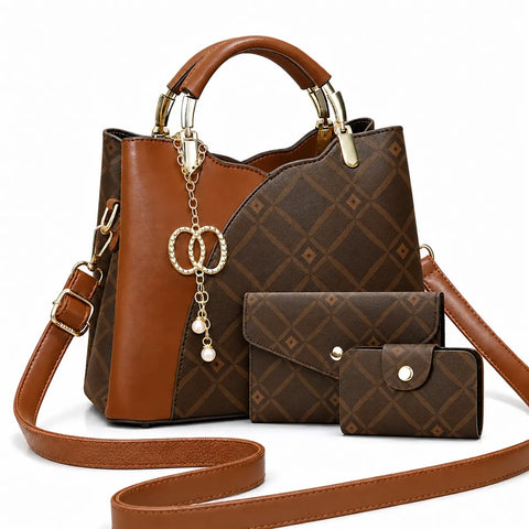 Leather Letter Print Handbag Set - Elys