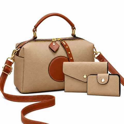 Boston Leather Bag in Beige - Bela Set (3 Pieces)
