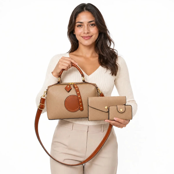 Boston Leather Bag in Beige - Bela Set (3 Pieces)