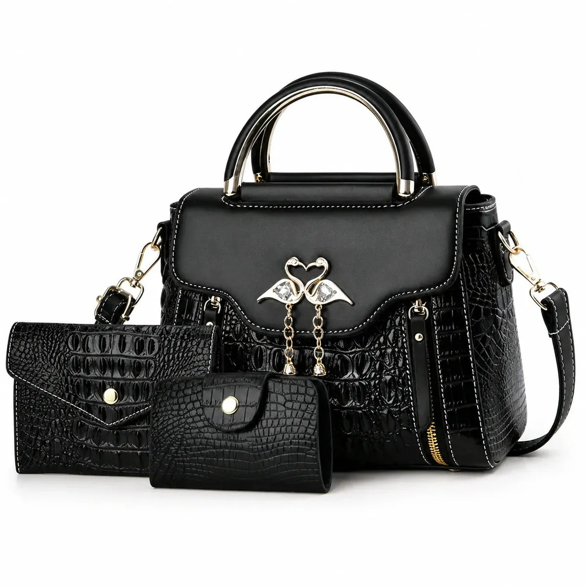 Crocodile Embossed Leather Handbag Set - Vexo