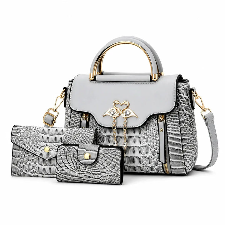 Crocodile Embossed Leather Handbag Set - Vexo